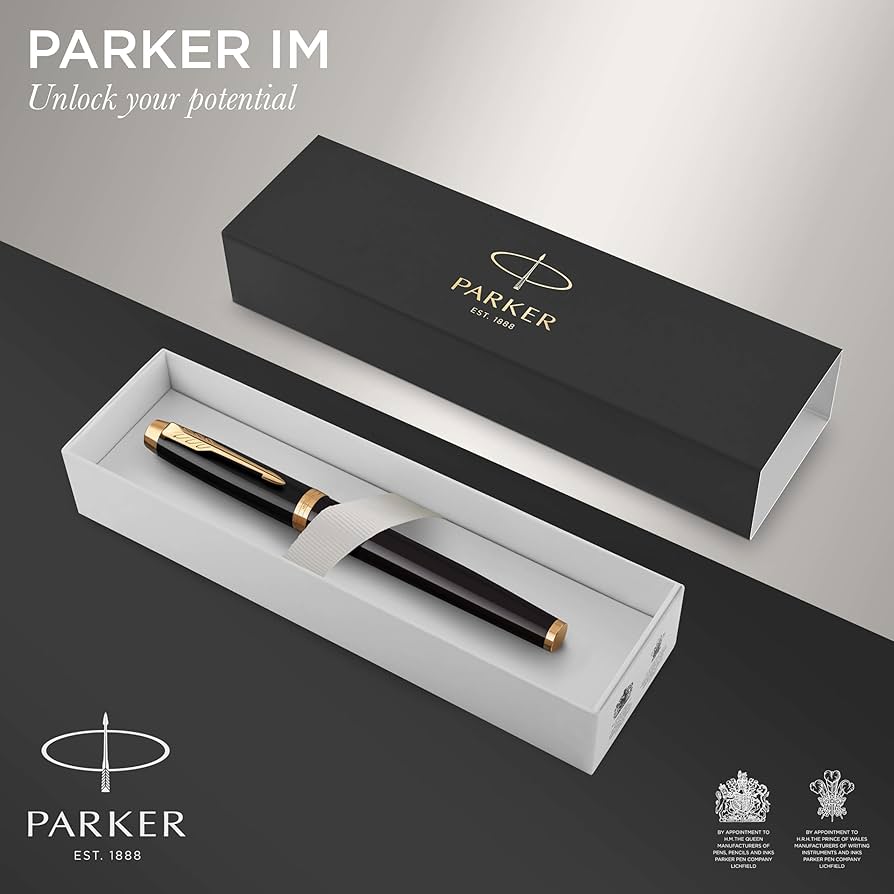 Parker IM Fountain Pen, Black Lacquer Gold Trim, Fine Nib